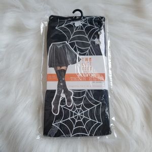Two Left Feet Black & White Spider Web Get Caught Up Wicked Cool Thigh Highs NWT